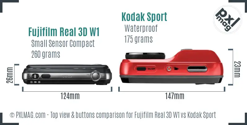 Fujifilm Real 3D W1 vs Kodak Sport top view buttons comparison