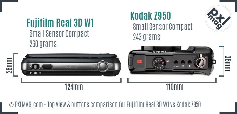 Fujifilm Real 3D W1 vs Kodak Z950 top view buttons comparison
