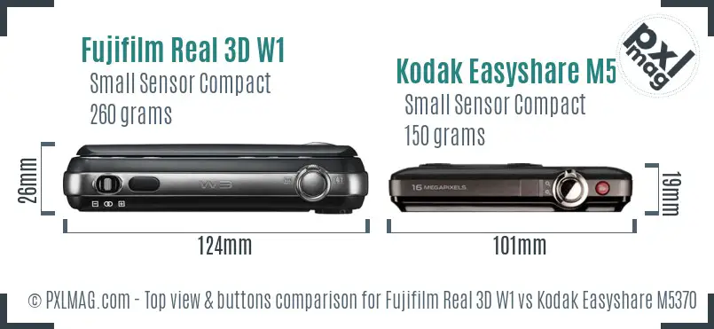 Fujifilm Real 3D W1 vs Kodak Easyshare M5370 top view buttons comparison