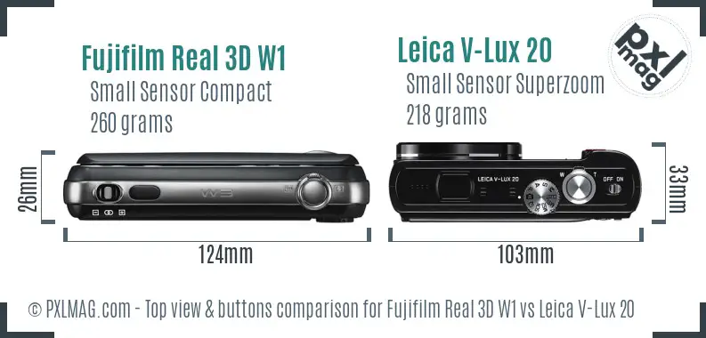 Fujifilm Real 3D W1 vs Leica V-Lux 20 top view buttons comparison