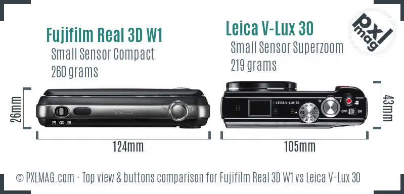 Fujifilm Real 3D W1 vs Leica V-Lux 30 top view buttons comparison