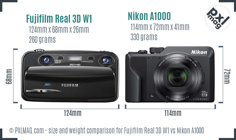 Fujifilm Real 3D W1 vs Nikon A1000 size comparison Fujifilm Real 3D W1 vs Nikon A1000 size comparison