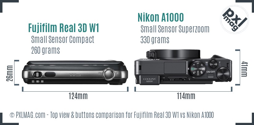 Fujifilm Real 3D W1 vs Nikon A1000 top view buttons comparison