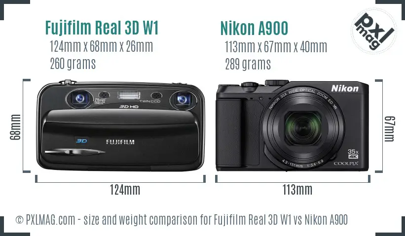 Fujifilm Real 3D W1 vs Nikon A900 size comparison Fujifilm Real 3D W1 vs Nikon A900 size comparison