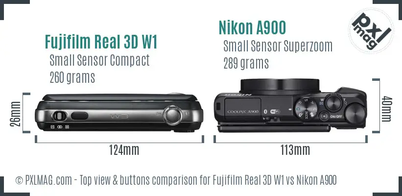 Fujifilm Real 3D W1 vs Nikon A900 top view buttons comparison Fujifilm Real 3D W1 vs Nikon A900 top view buttons comparison