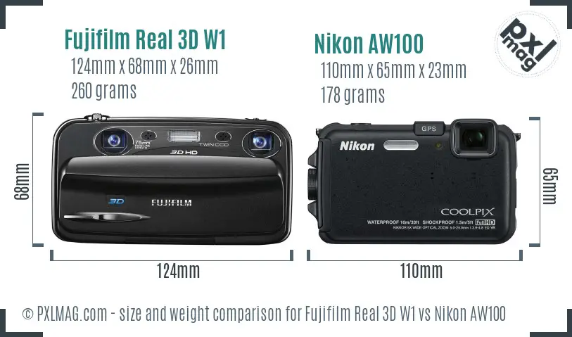 Fujifilm Real 3D W1 vs Nikon AW100 size comparison