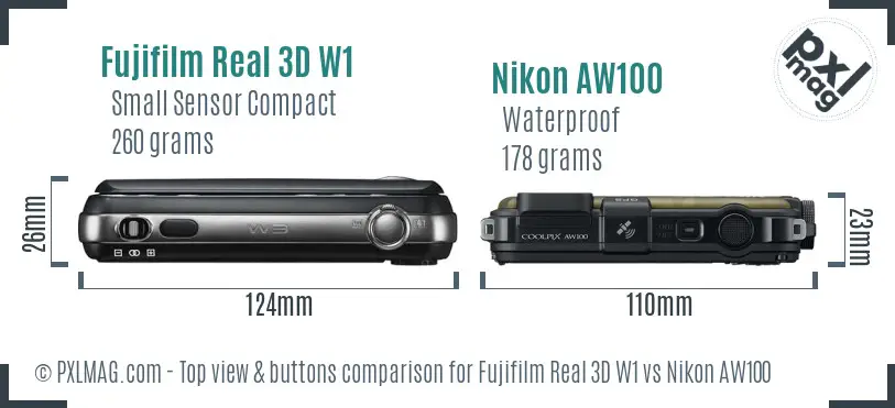 Fujifilm Real 3D W1 vs Nikon AW100 top view buttons comparison