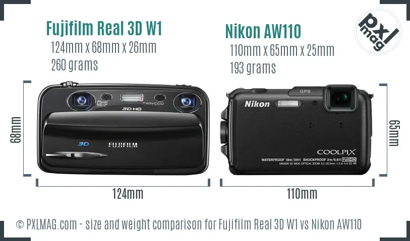 Fujifilm Real 3D W1 vs Nikon AW110 size comparison