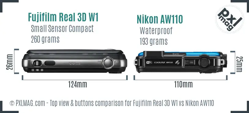 Fujifilm Real 3D W1 vs Nikon AW110 top view buttons comparison