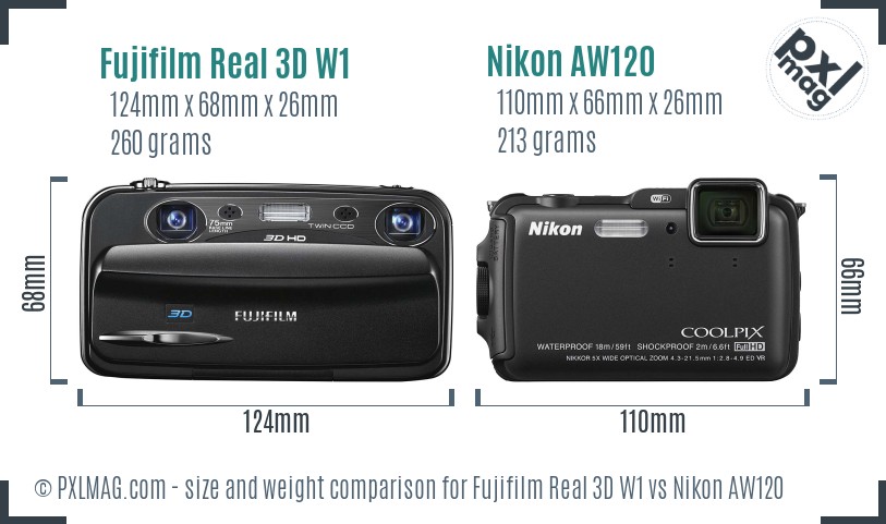 Fujifilm Real 3D W1 vs Nikon AW120 size comparison