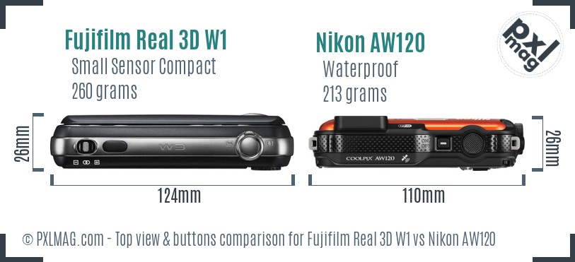 Fujifilm Real 3D W1 vs Nikon AW120 top view buttons comparison