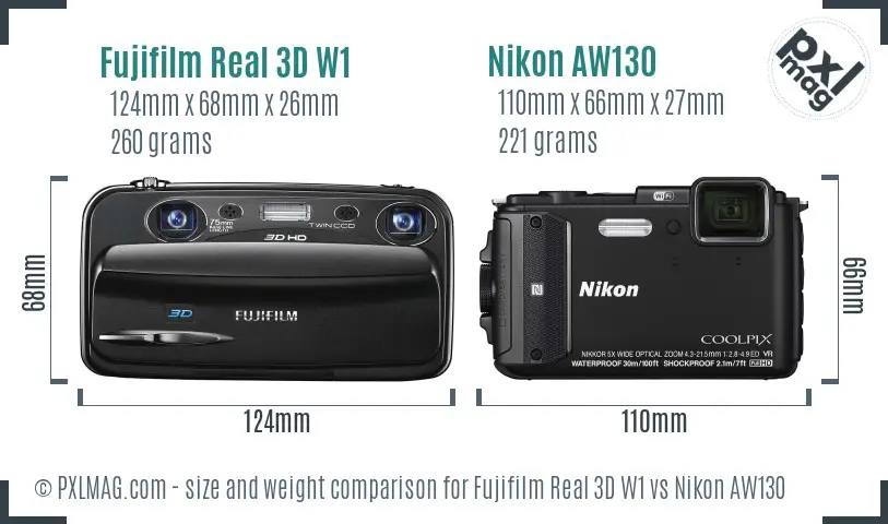 Fujifilm Real 3D W1 vs Nikon AW130 size comparison