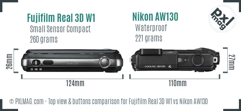 Fujifilm Real 3D W1 vs Nikon AW130 top view buttons comparison