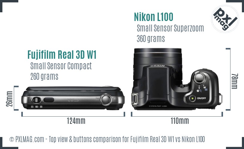 Fujifilm Real 3D W1 vs Nikon L100 top view buttons comparison