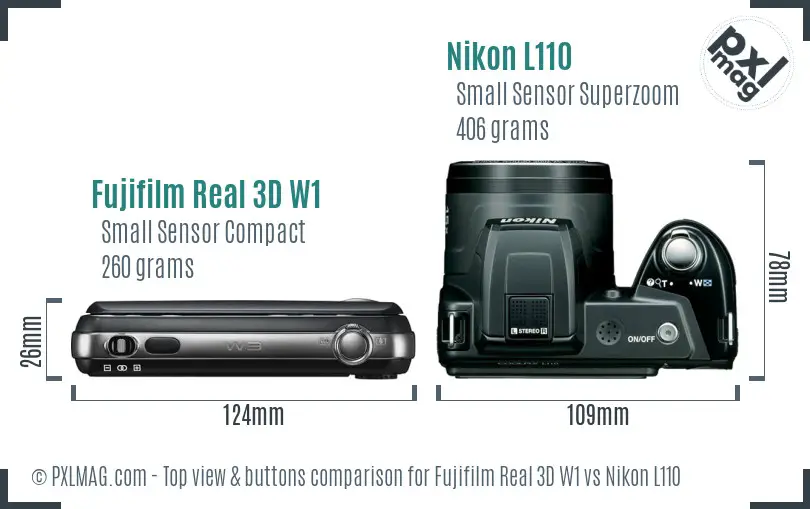 Fujifilm Real 3D W1 vs Nikon L110 top view buttons comparison