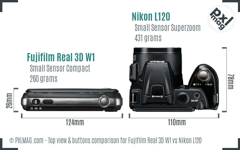 Fujifilm Real 3D W1 vs Nikon L120 top view buttons comparison Fujifilm Real 3D W1 vs Nikon L120 top view buttons comparison