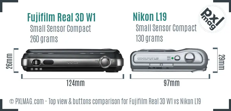 Fujifilm Real 3D W1 vs Nikon L19 top view buttons comparison