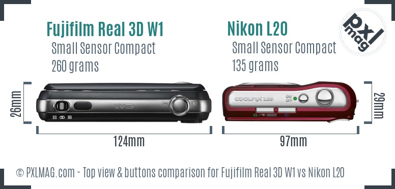 Fujifilm Real 3D W1 vs Nikon L20 top view buttons comparison
