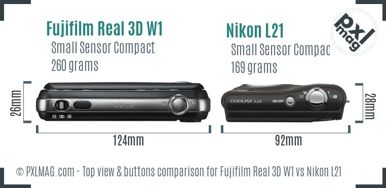 Fujifilm Real 3D W1 vs Nikon L21 top view buttons comparison