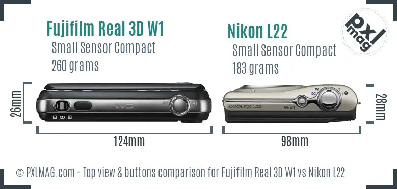 Fujifilm Real 3D W1 vs Nikon L22 top view buttons comparison