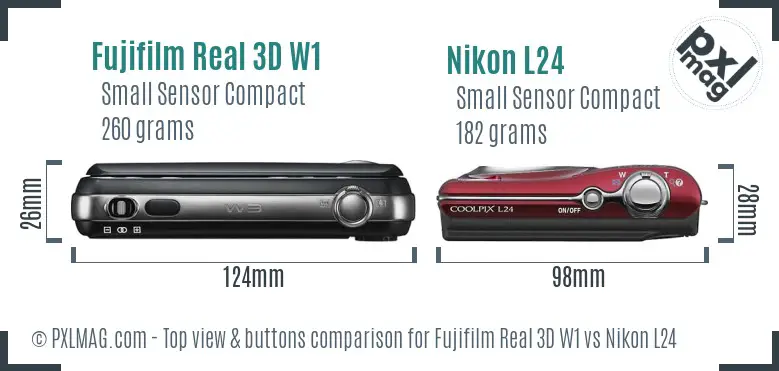 Fujifilm Real 3D W1 vs Nikon L24 top view buttons comparison