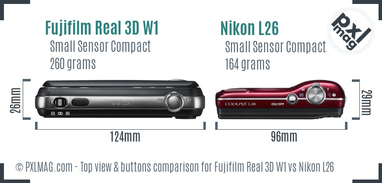 Fujifilm Real 3D W1 vs Nikon L26 top view buttons comparison