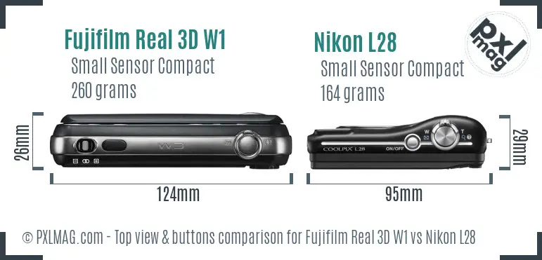 Fujifilm Real 3D W1 vs Nikon L28 top view buttons comparison