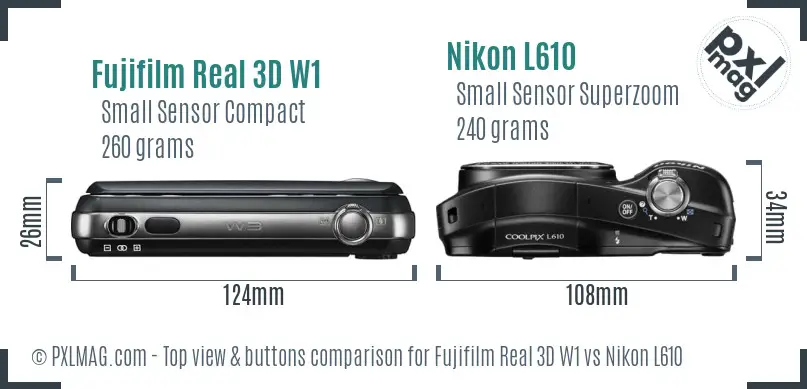 Fujifilm Real 3D W1 vs Nikon L610 top view buttons comparison