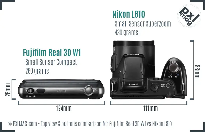 Fujifilm Real 3D W1 vs Nikon L810 top view buttons comparison