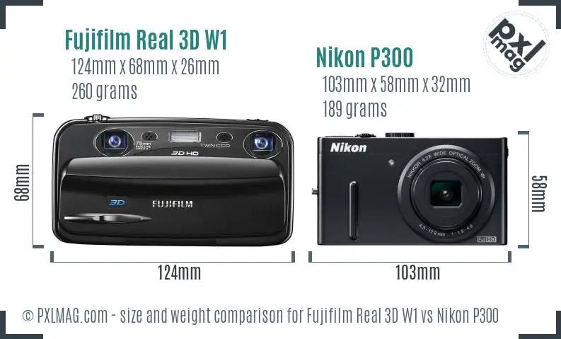 Fujifilm Real 3D W1 vs Nikon P300 size comparison