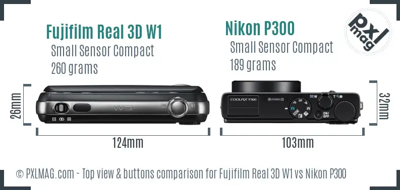 Fujifilm Real 3D W1 vs Nikon P300 top view buttons comparison