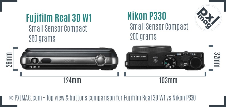 Fujifilm Real 3D W1 vs Nikon P330 top view buttons comparison