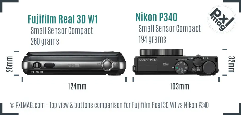 Fujifilm Real 3D W1 vs Nikon P340 top view buttons comparison Fujifilm Real 3D W1 vs Nikon P340 top view buttons comparison