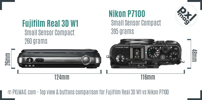 Fujifilm Real 3D W1 vs Nikon P7100 top view buttons comparison Fujifilm Real 3D W1 vs Nikon P7100 top view buttons comparison