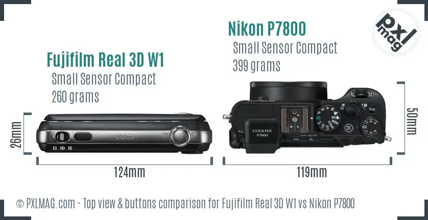 Fujifilm Real 3D W1 vs Nikon P7800 top view buttons comparison