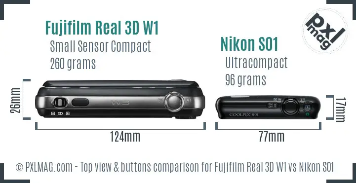 Fujifilm Real 3D W1 vs Nikon S01 top view buttons comparison