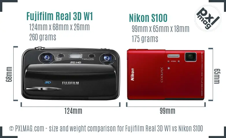 Fujifilm Real 3D W1 vs Nikon S100 size comparison