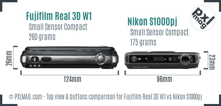 Fujifilm Real 3D W1 vs Nikon S1000pj top view buttons comparison