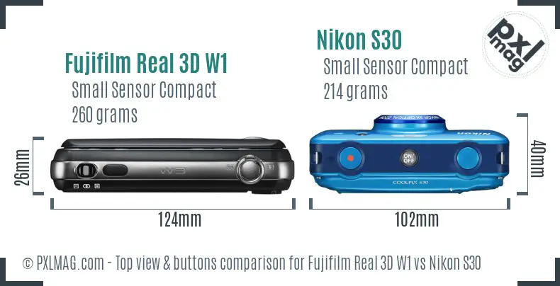 Fujifilm Real 3D W1 vs Nikon S30 top view buttons comparison