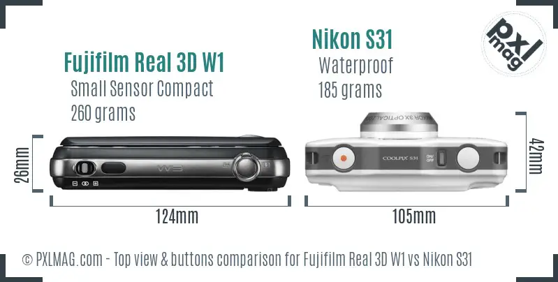 Fujifilm Real 3D W1 vs Nikon S31 top view buttons comparison