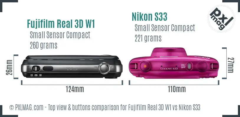 Fujifilm Real 3D W1 vs Nikon S33 top view buttons comparison