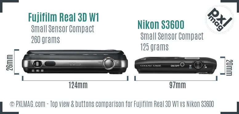 Fujifilm Real 3D W1 vs Nikon S3600 top view buttons comparison Fujifilm Real 3D W1 vs Nikon S3600 top view buttons comparison
