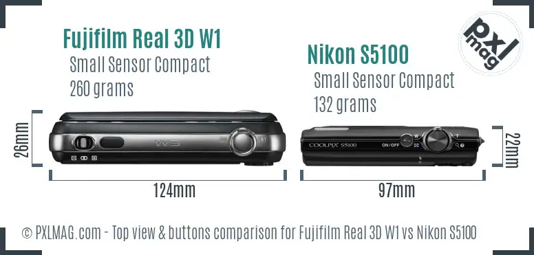 Fujifilm Real 3D W1 vs Nikon S5100 top view buttons comparison