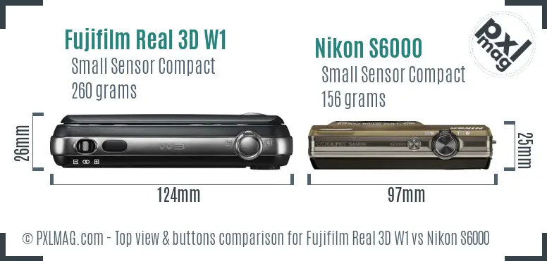 Fujifilm Real 3D W1 vs Nikon S6000 top view buttons comparison