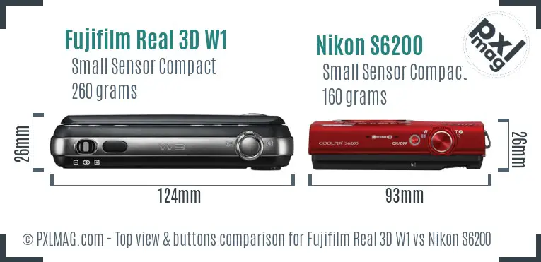 Fujifilm Real 3D W1 vs Nikon S6200 top view buttons comparison