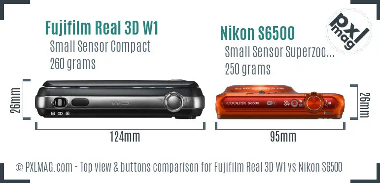 Fujifilm Real 3D W1 vs Nikon S6500 top view buttons comparison Fujifilm Real 3D W1 vs Nikon S6500 top view buttons comparison