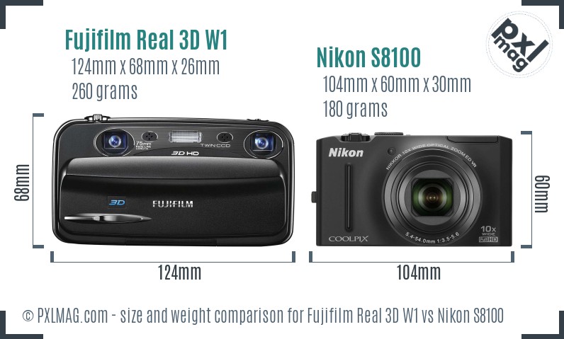 Fujifilm Real 3D W1 vs Nikon S8100 size comparison