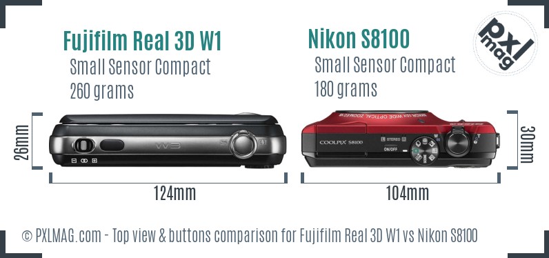 Fujifilm Real 3D W1 vs Nikon S8100 top view buttons comparison