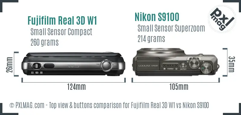 Fujifilm Real 3D W1 vs Nikon S9100 top view buttons comparison Fujifilm Real 3D W1 vs Nikon S9100 top view buttons comparison