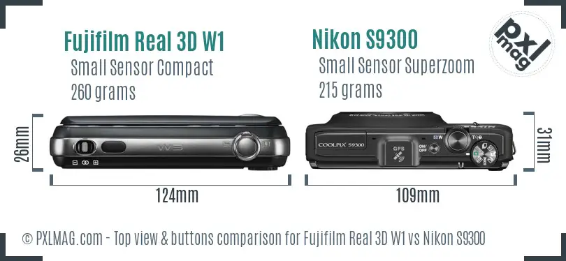 Fujifilm Real 3D W1 vs Nikon S9300 top view buttons comparison Fujifilm Real 3D W1 vs Nikon S9300 top view buttons comparison